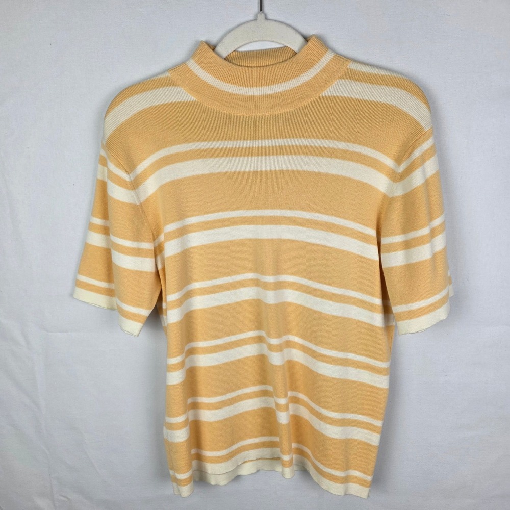 Pendleton Womens XL Yellow White Striped Mock Neck Short‎ Sleeve 100% Cotton Top
